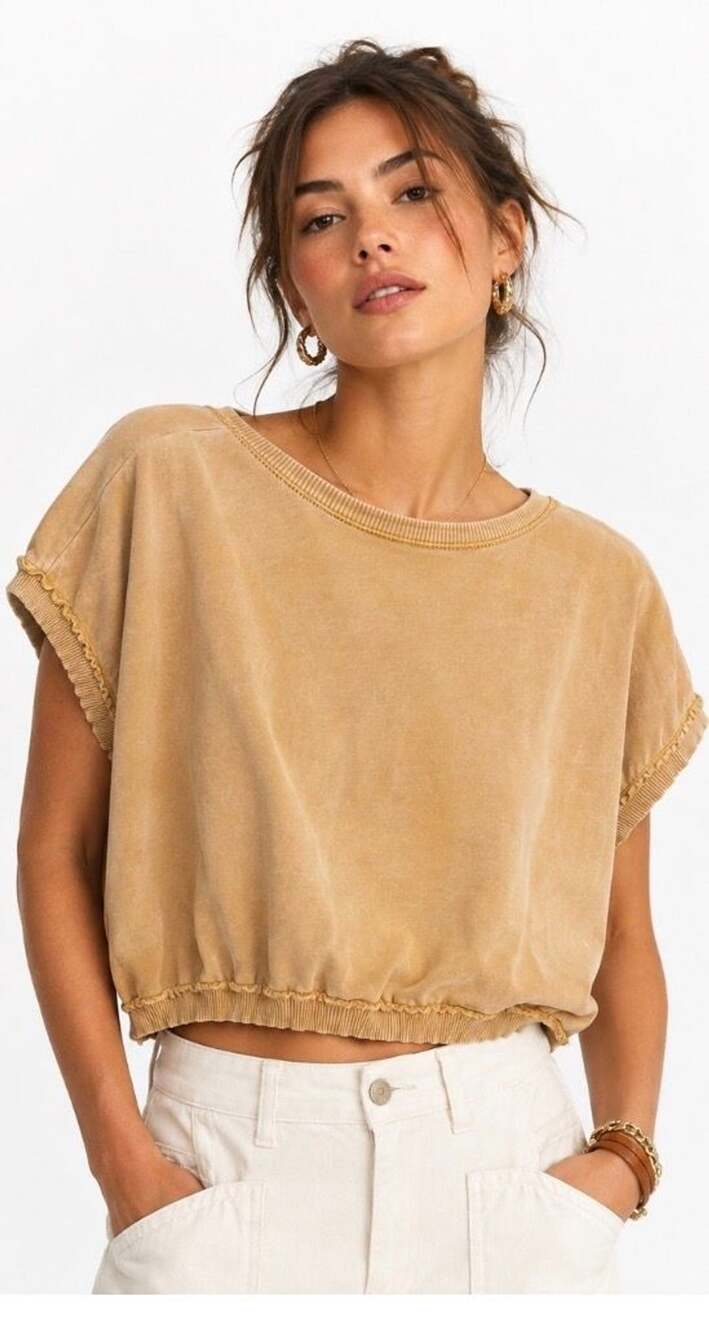 Pilcro Pullover Top Short Sleeve Cotton Raw Hem Sweatshirt Large Mustard Yellow